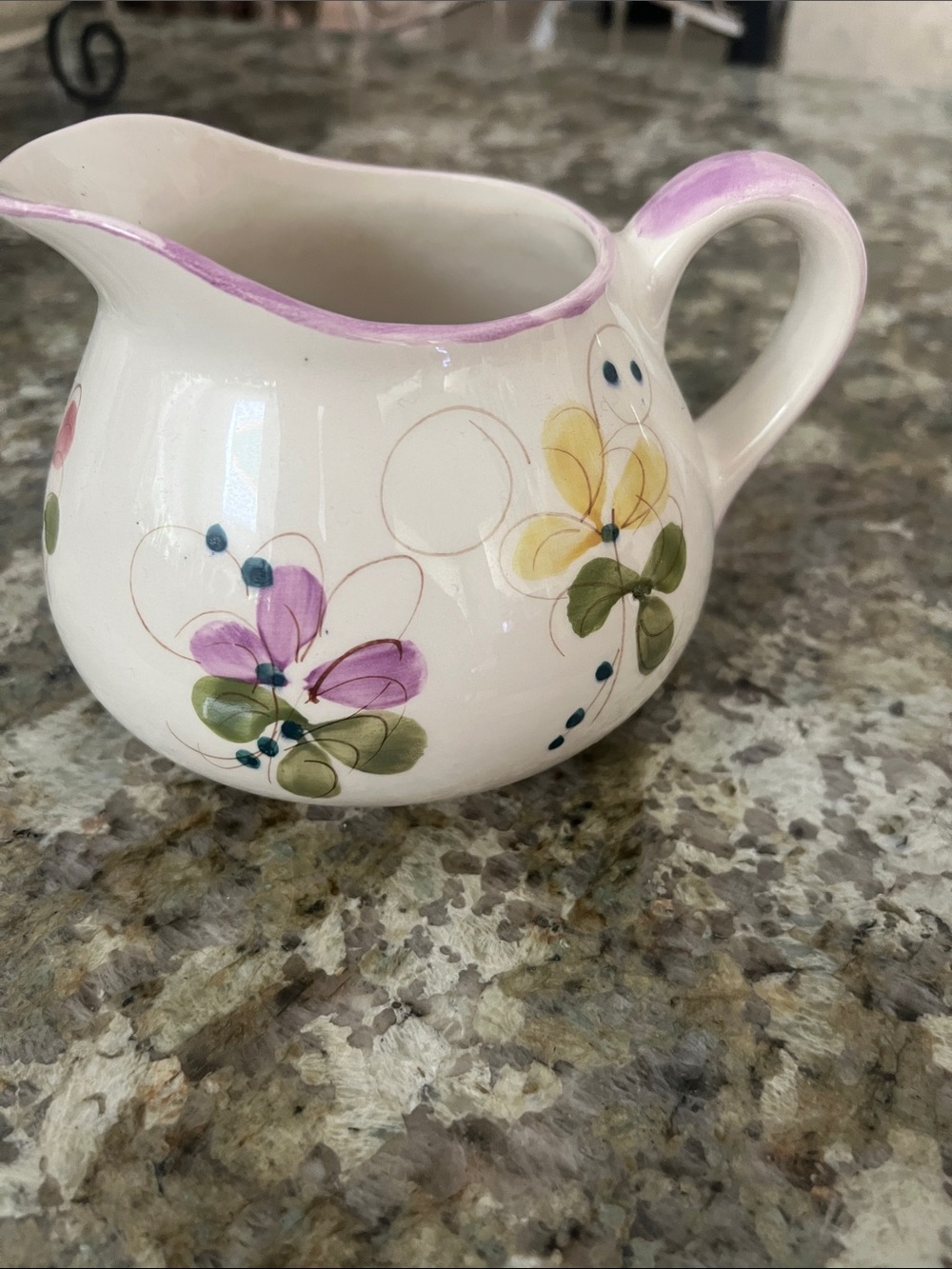 Vintage Pitcher Pink Purple Floral Hand Painted in Portugal Squat Body